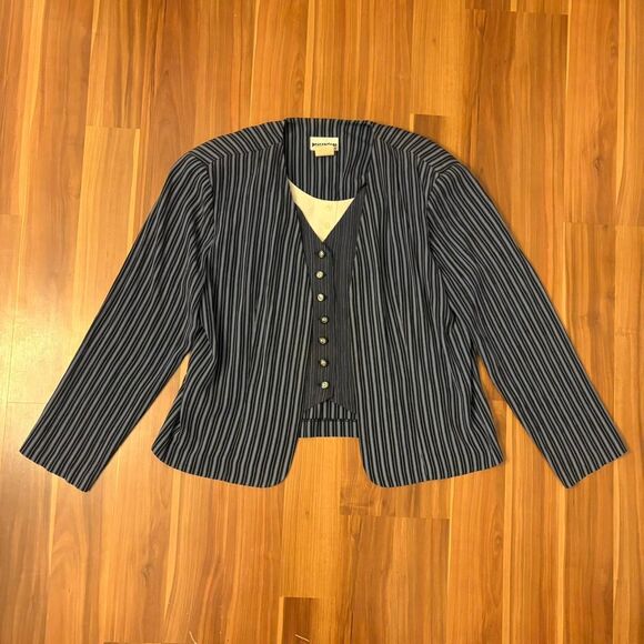 striped blue vintage 80s layered button down blouse size 14 - Picture 1 of 6